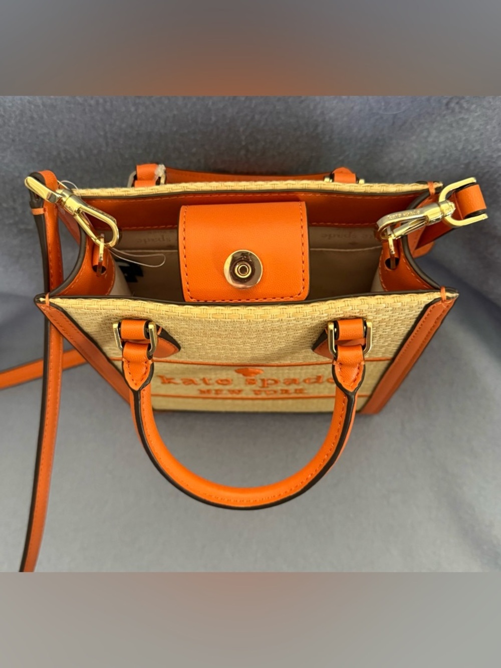 NWT Kate Spade Mini Ellie Tote Orange Leather with Tan Straw Canvas - Picture 5 of 12